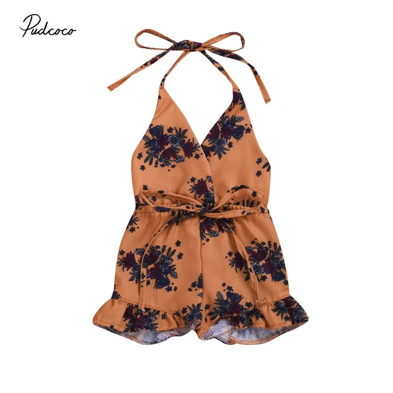 

2019 Brand Baby Kids Toddler Girls Flower Strap Romper Jumpsuit Boho Floral Bandage Halter Backless Playsuit Holiday Sunsuit