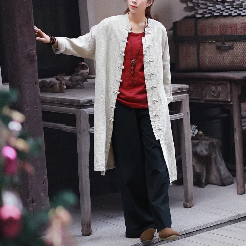 

Solid Beige Linen Cotton Women Long Blouse Shirt Loose Casual Vintage Chinese style Shirts Tops Plus size Long Blusas Femme C099