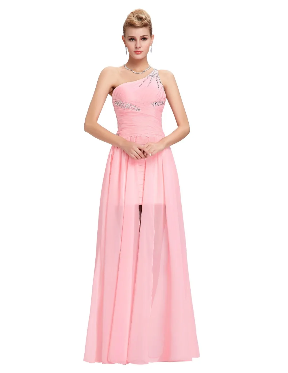 Light Pink Bridesmaid Dresses Grace Karin Beaded Chiffon One Shoulder Formal Gowns Short Front Long Back Wedding Party Dresses 7