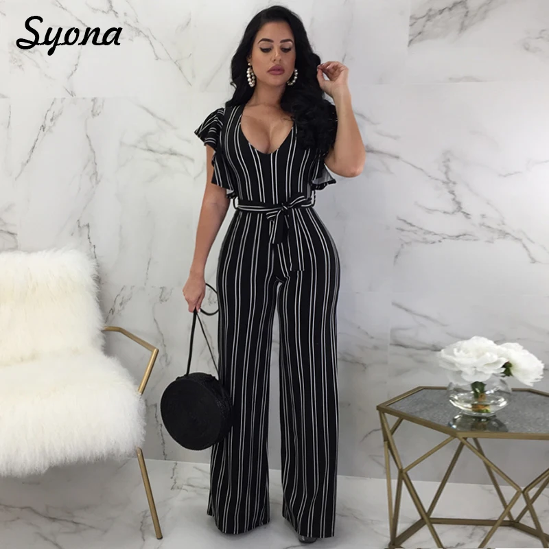 

WOMENS JUMPSUIT ROMPERS STRIPED Wide Leg Pants Elegant Ruffles Overalls Office Work Long Trousers Female Casual Summer Clothing