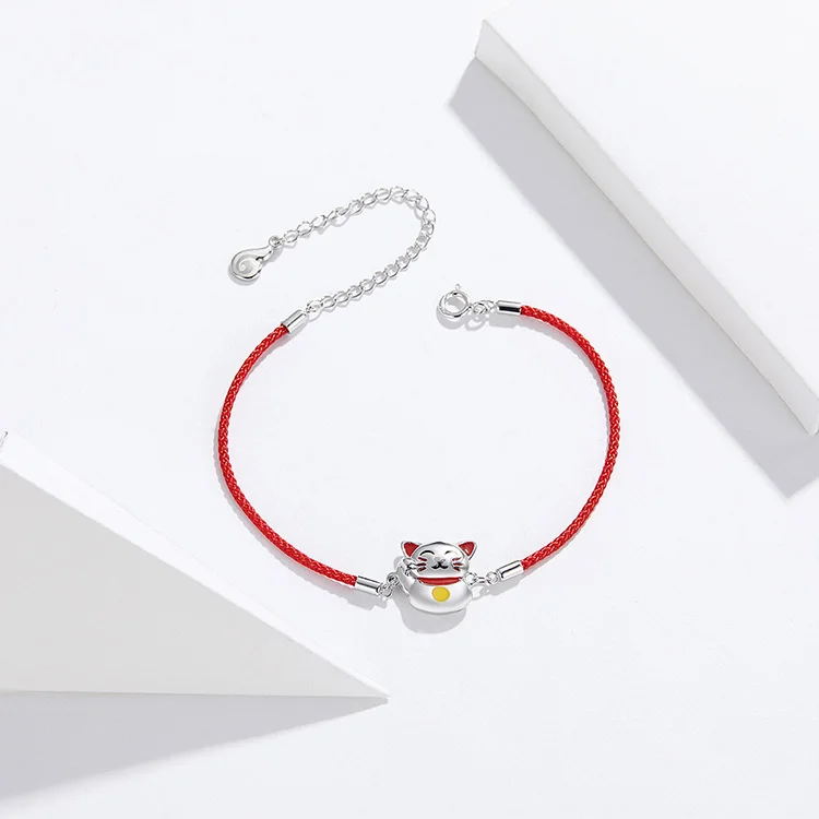 Браслет bamoer Lucky Cat для девочек, регулируемый браслет с Красной веревкой, браслеты с 925 пробы, серебряные ювелирные изделия BSB012
