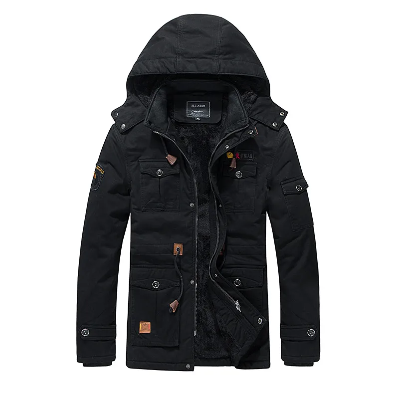 TIEPUS брендовая зимняя куртка мужская плюс бархатная теплая с капюшоном Рабочая ветрозащитная тактическая куртка мужская куртка размера плюс L~ 3XL 4XL - Цвет: BLACK