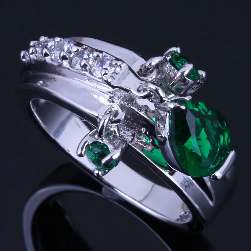 

Incredible Water Drop Green Cubic Zirconia White CZ 925 Sterling Silver Ring For Women V0400