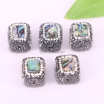 

Wholesale 10Pcs Paua Abalone Shell Paved Rhinestone Spacer Loose Bead , Square - Shape Connector Beads For Jewelry Making