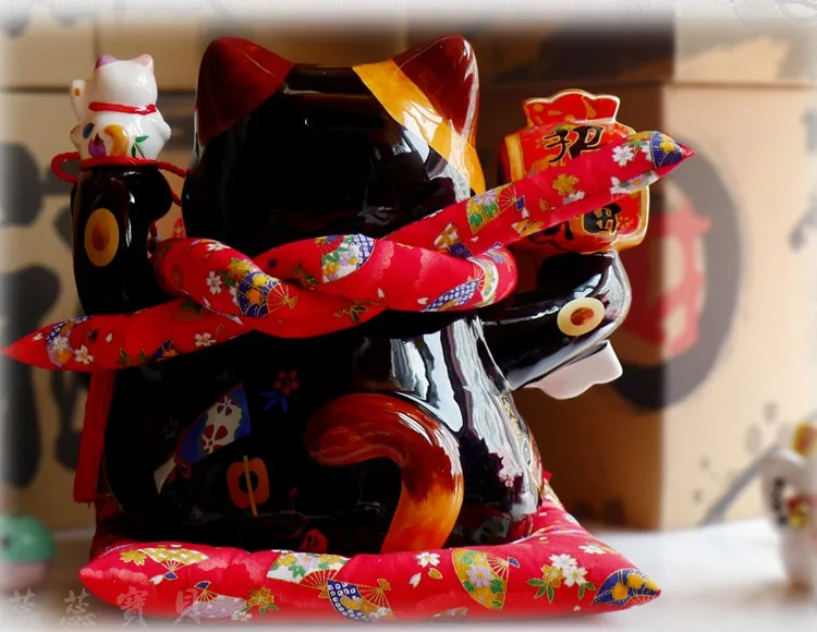 Большой черный счастливый кот керамический орнамент открывающийся подарок Копилка японский стиль