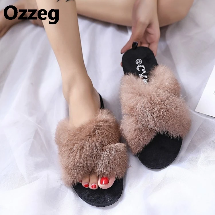 Spring/ Summer luxury genuine Rabbit fur flat shoes women fashion fur sandal shoes handmade 