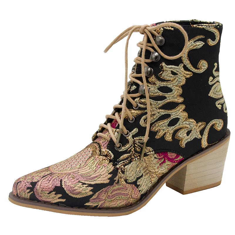 

Women Ankle Boots Retro Riding Equestr Shoes Martin Boots Artificial Leather Lace Up Shoes High Heel Size 43 44 Embroidery Snake