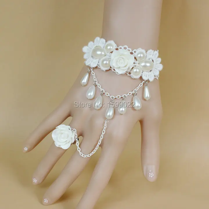 

Bridal Bride White Lace Bracelet Ring Set Faux Pearl Chain Resin Rose Flower Decoration Gothic Lolita Princess Wedding Accessory