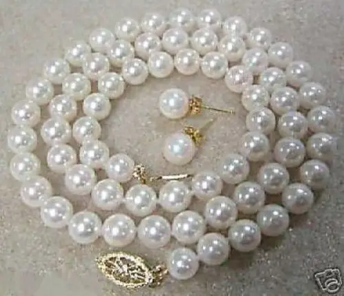 

charm Jew.656 charming 8-9mm white akoya pearl earrings&necklace sets jewelry 14k (A0513)