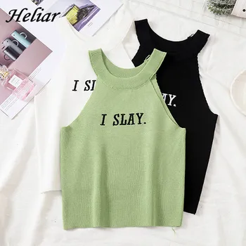 

HELIAR 2019 Summer Women Tank Tops Knitting "I SLAY" Printed Tops Sexy Beach Tops Female bare midriff festival Tank Top Women