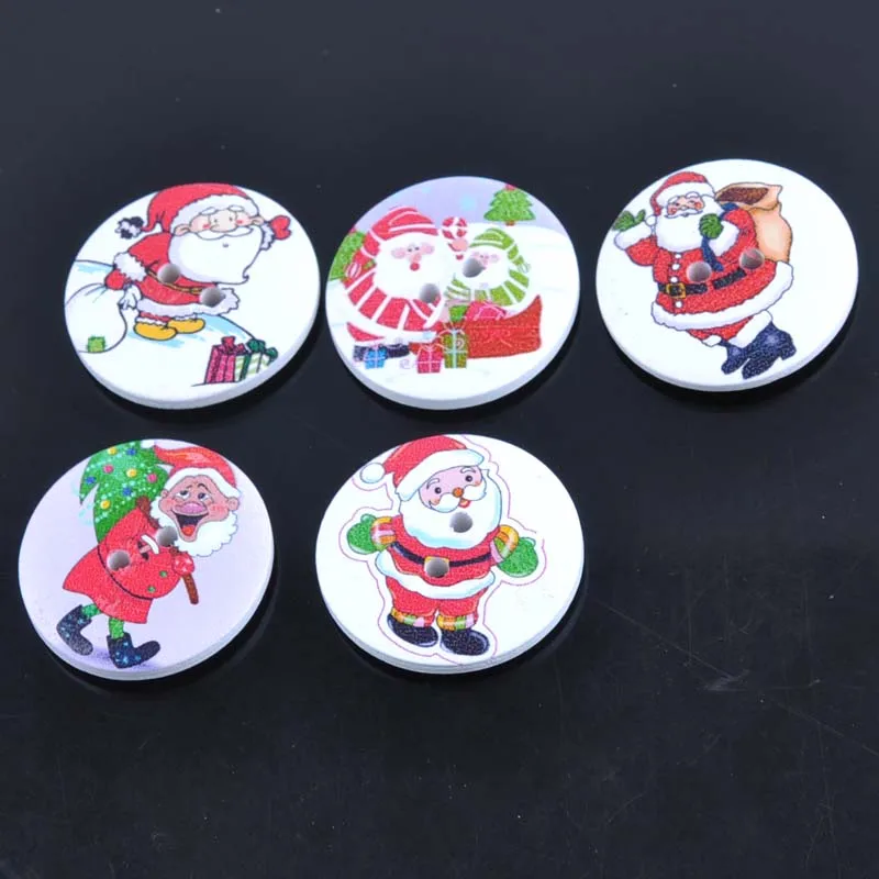 50pcs MIxed Bouton Santa Claus Painted Round Wooden buttons for