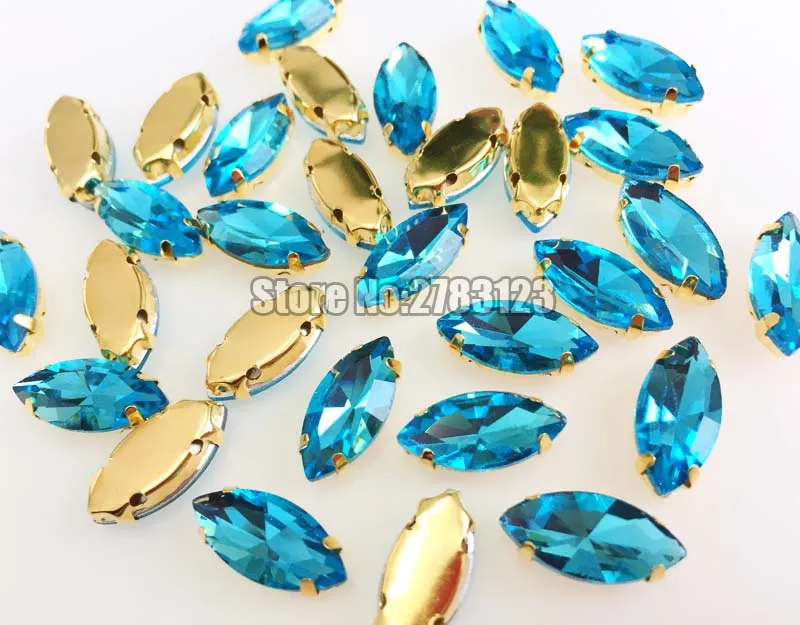 Horse eye shape AAA Glass Crystal lake  Gold bottom sew on claw rhinestones with holes Sewing On Garment DIY accessories