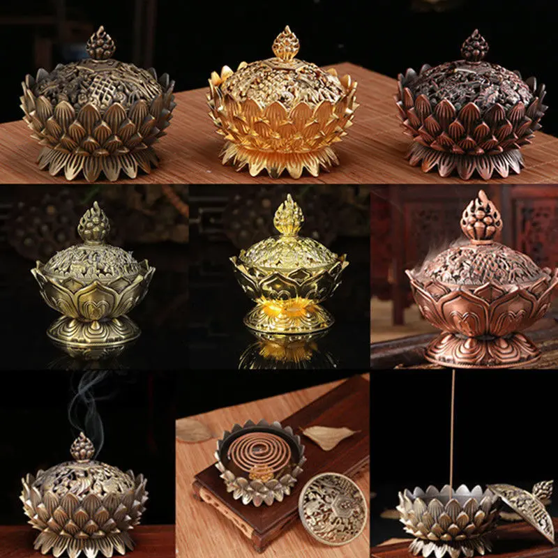 7CM Lotus Incense Burner Holder Chinese Bronze Copper Cone Flower