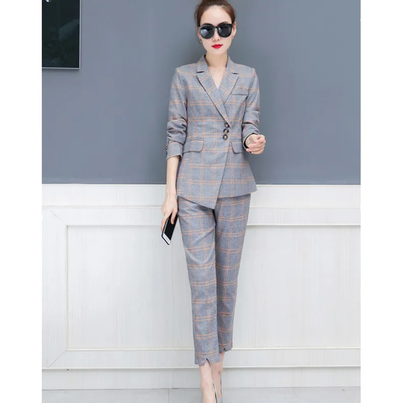 2018 Autumn New Women Plaid 2 Piece Sets Irregular Blazer  Straight Pant Office Outfits Notched Fashion Work Pant Suits