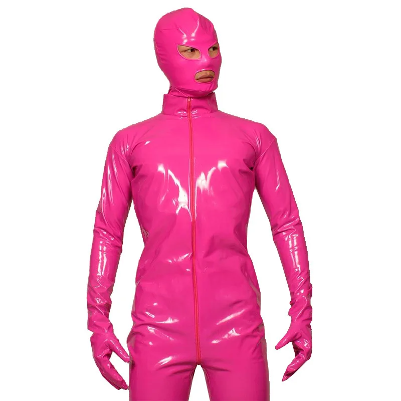 3 цвета сексуальные мужские виниловые латексные Кожаные боди спандекс полное тело зентай костюм комбинезон Клубное белье костюм маска - Цвет: Розовый