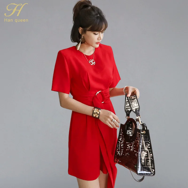 

H Han Queen Solid Color O-neck Belted OL Playsuits Women 2019 Summer Office Wear Rompers Korean Style Casual Red Mini Jumpsuits