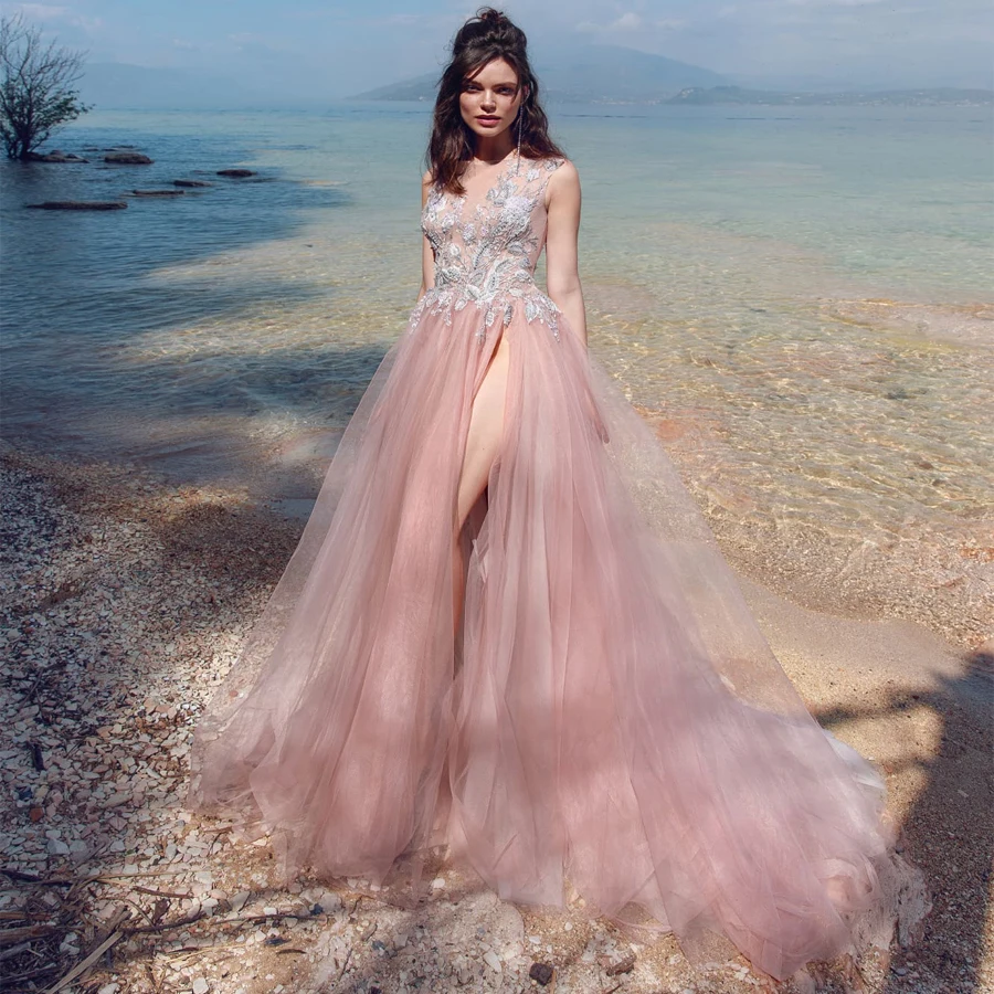 Розовое сексуальное вечернее платье, с вырезом лодочкой, бисером вечернее платье с аппликацией с Разрезом Вечернее платье 2019 длинное