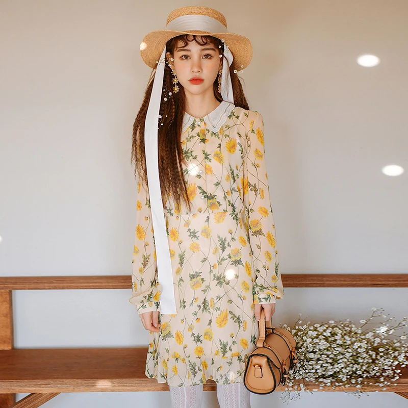 

Vintage Style Beautiful Flower Chiffon Dress Puff Sleeve Kawaii Lolita Short Dress Robe Femme Vestido Mujer Vestiti Donna
