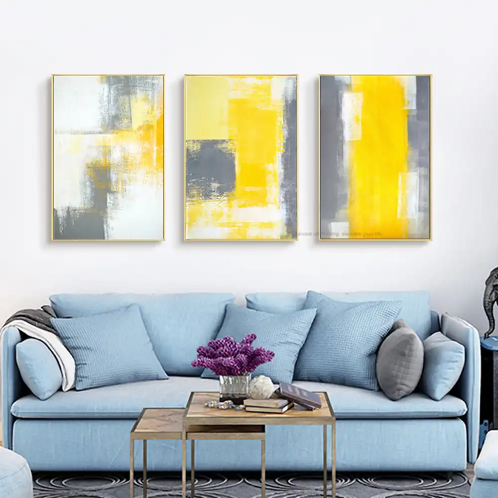 3 Piece Canvas Painting Abstract Oil Handmade Yellow Grey 3 Piece Canvas Painting Abstract Oil