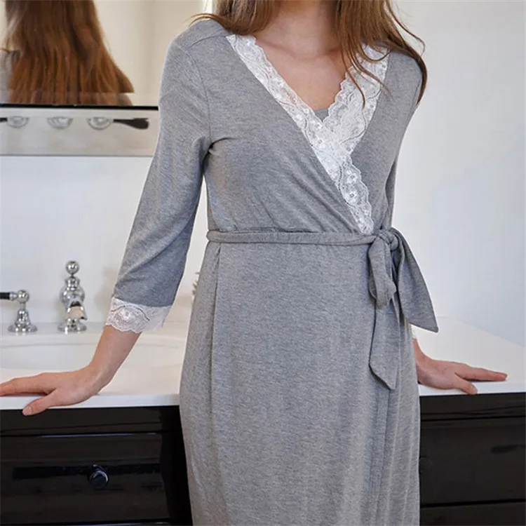 Модные кружевные лоскутные пижамы для беременных с рукавами три четверти платья халат с поясом Одежда для беременных женщин