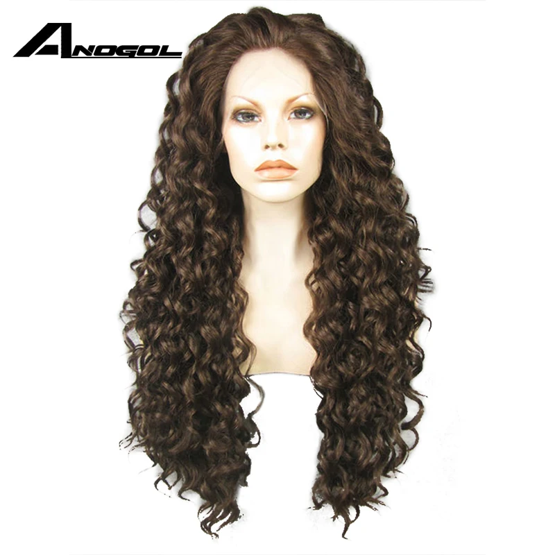 Anogol Высокая температура волокна натуральные волосы парики Glueless 6# смешанные 8# длинные кудрявые синтетические волосы на кружеве парик с бесплатной частью