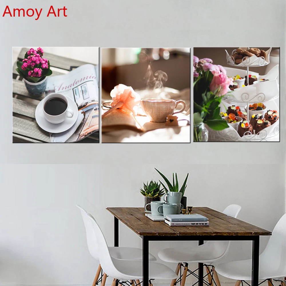 

Unframed 3 Panel Morining Tea Coffee Flowe Modern Canvas Print Painting Home Kitchen Wall Art Decor For Living Room