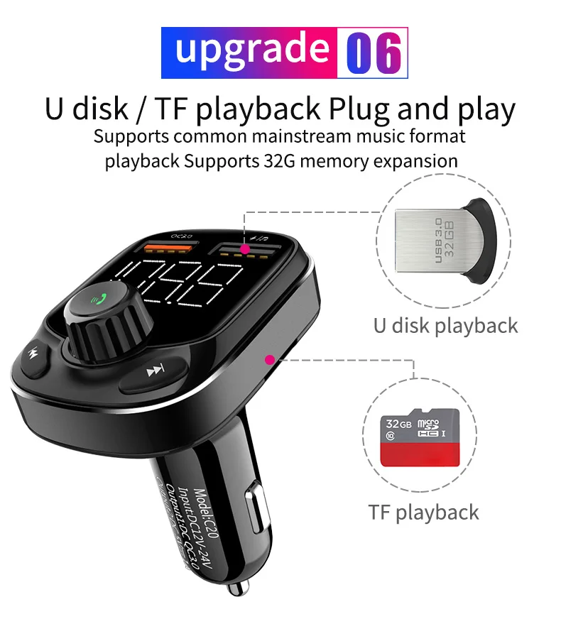 Vehemo QC 3,0 для беспроводного передатчика Bluetooth Dual USB музыкальное автомобильное зарядное устройство Автомобильная гарнитура FM TF карта Mic Стерео