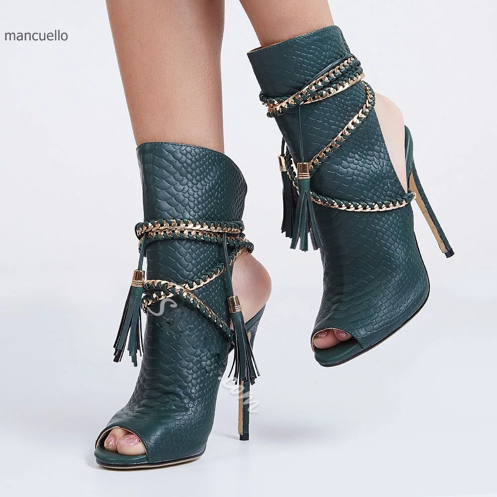 

2017 New Style Women Elegant Snakeskin Peep Toes Stiletto Heel Fringe Sandals Woven Ropes Ankle-Wrap Tassel Dress Sandals Bootie