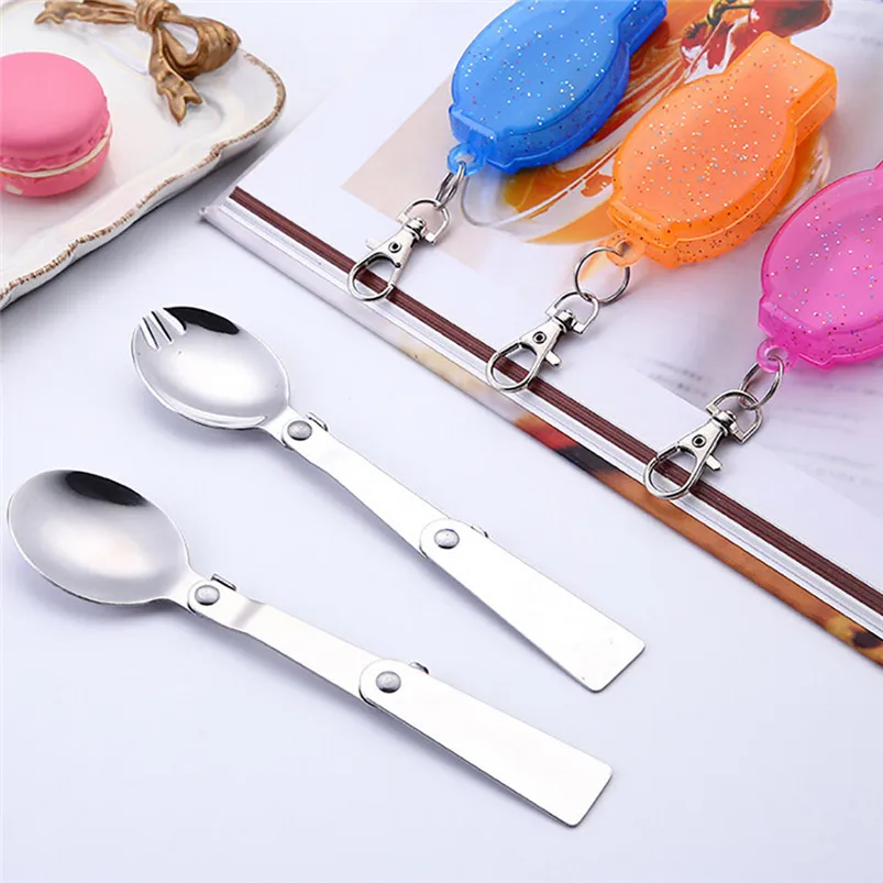 New 1Set Spoon Folding Dinnerware Set Outdoor Folding Travel Camping Utensil Stainless Pocket Spoon Fork With Box R09 (3)