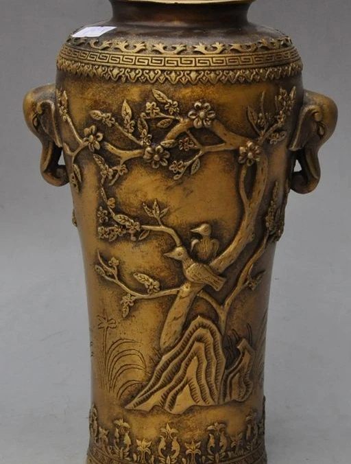 

old chinese bronze Magpies bird Plum flower elephant head statue Tanks Crock jar