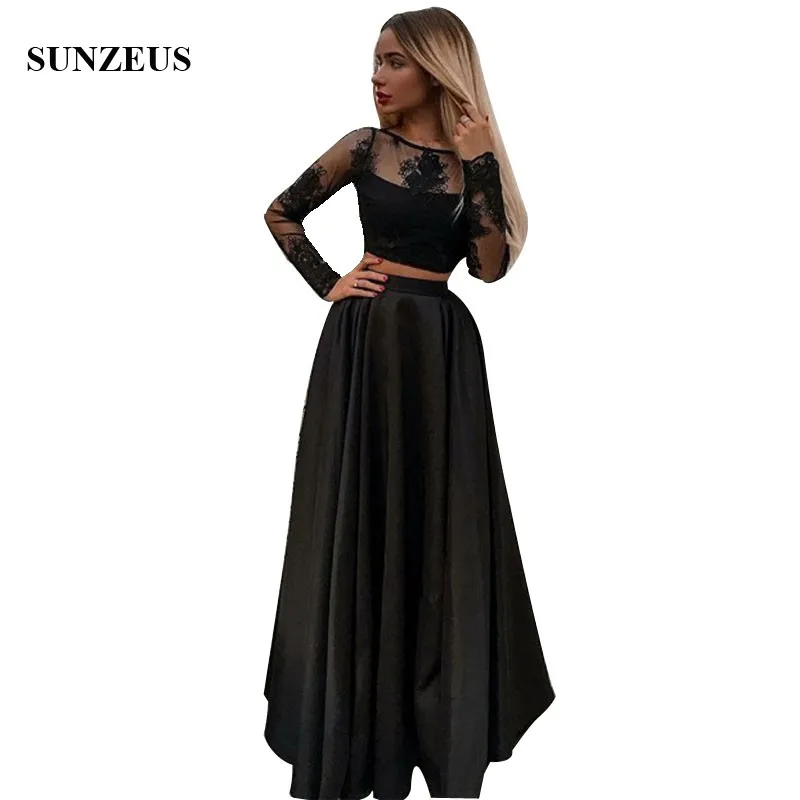 Черные Выпускные платья 2019 A-Line Scoop вырезом, с длинными рукавами Crop Top вечерние платья 2 шт. аппликации длинное атласное выпускное платье