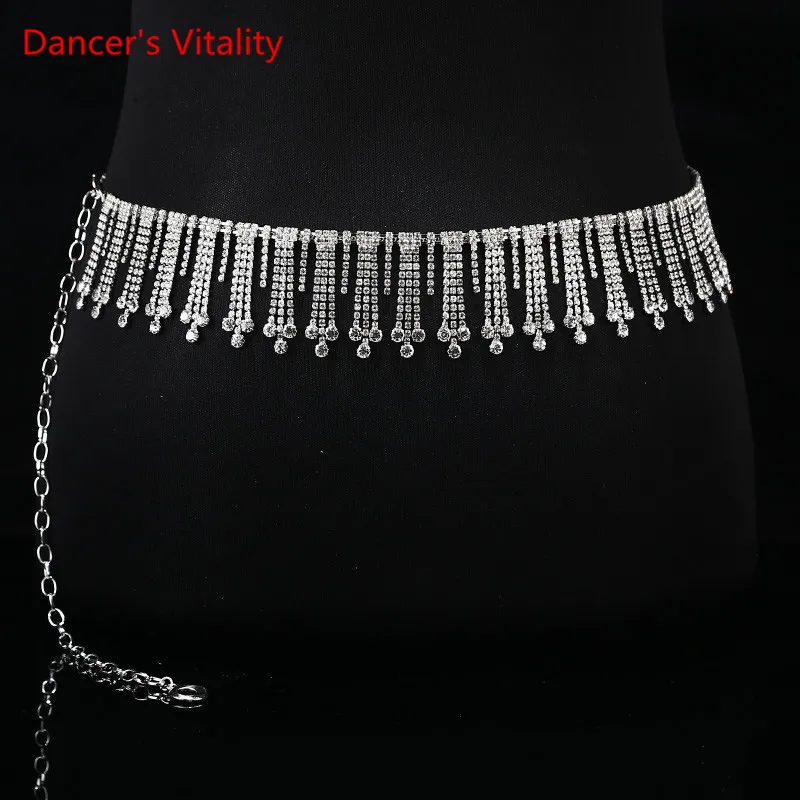 

Women Belly Dance Waist Chain New Tassel Diamond Chain White Rhinestone Dance Practice Chain Belt
