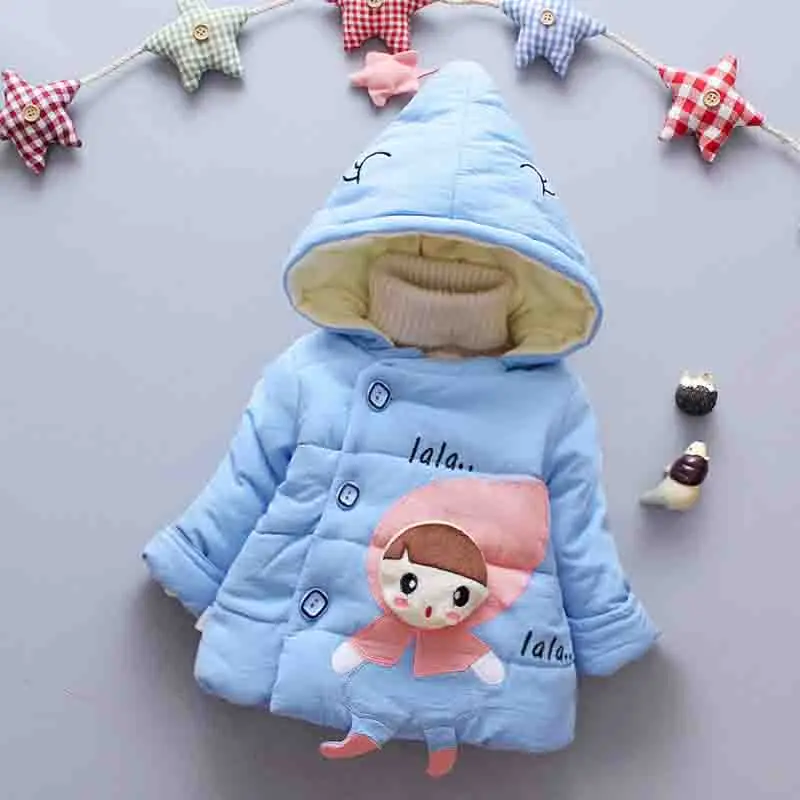BibiCola/зимняя верхняя одежда с капюшоном для новорожденных девочек; модное зимнее пальто с капюшоном на пуговицах с длинными рукавами для маленьких девочек - Цвет: Синий
