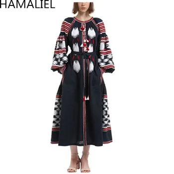

HAMALIEL Runway Autumn Women Bohemian Dress 2018 Summer Ethnic Luxury Cotton And Linen Embroidery Long Sleeve Tassel Beach Dress