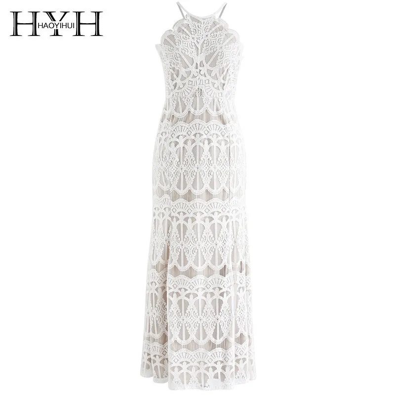 

HYH Haoyihui Femme Summer Sexy Elegant Beach Style White Backless Halter Neck Lace Ankle-Length Mermaid party Dress