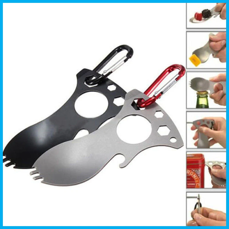 

Outdoor tableware multi tool keychains EDC Fork Hex Wrench Bottle Opener hunting gear climbing Carabiner Camping