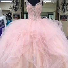Sparkling Quinceanera Dresses Masquerade Ball Gown V Neck Pink Beading Crystals Ruffles Girl Party Prom Gown Sweet 16 Dress
