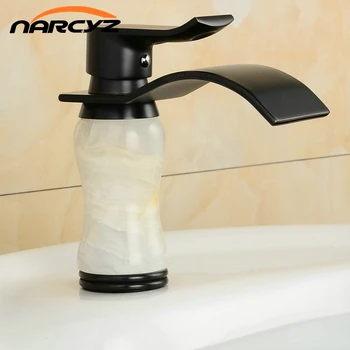 

Black Brass Material Basin Mixer Tapswith White Marble Stone Bathroom Basin Faucet Deck Mounted Tap B101