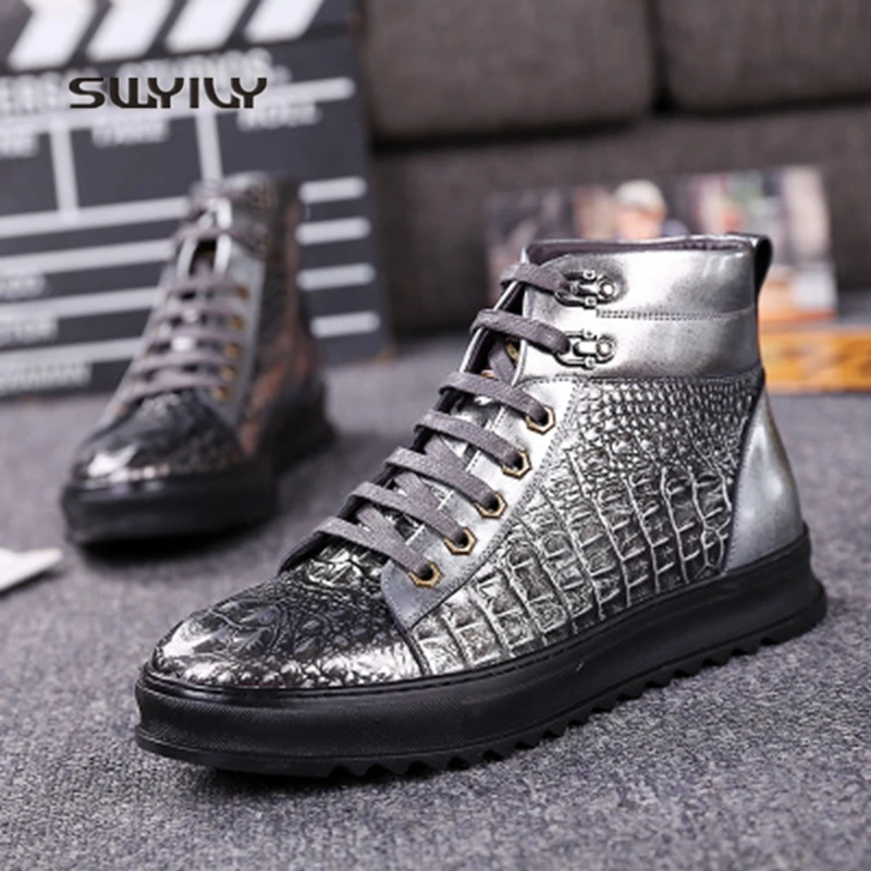 

SWYIVY Men And Women Sneakers High-top Genuine Leather 2018 New Lace-up Anti-slip Unisex Skateboarding Shoes Large Size 37-44