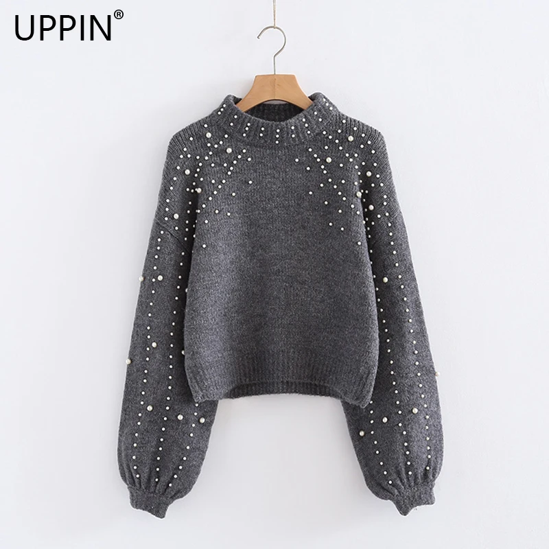 

UPPIN Pearl Turtleneck Winter Knitted Sweater Women Lantern Sleeve Loose Gray Pullover Female Soft Warm Autumn Casual Jumper