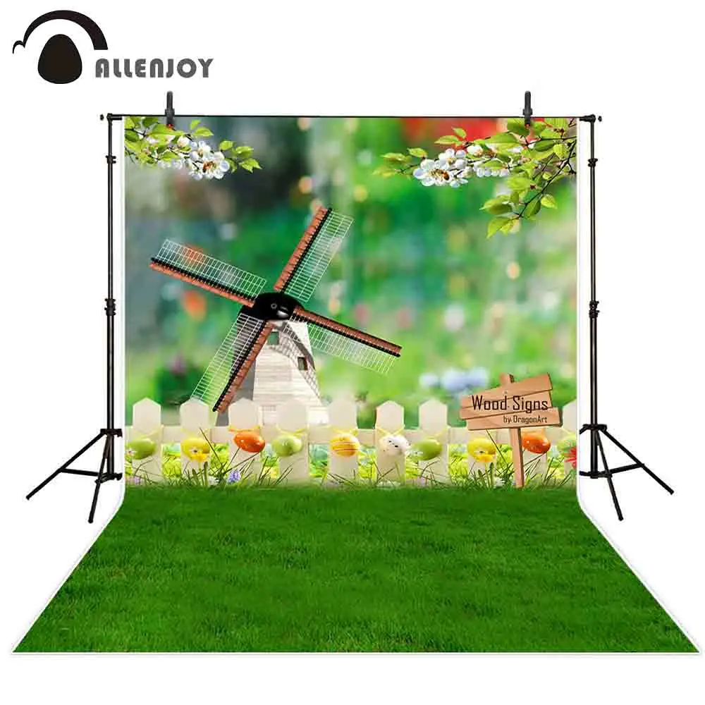 

Allenjoy Easter photography background spring egg windmill fence lawn backdrop photo studio photophone photocall shoot props