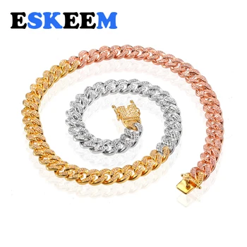 

Miami Chain Hip Hop Copper Jewelry Iced Out Cuban Link Chain Necklace 12MM Wide Multi Lengths Rose Gold and Tricolor Necklace