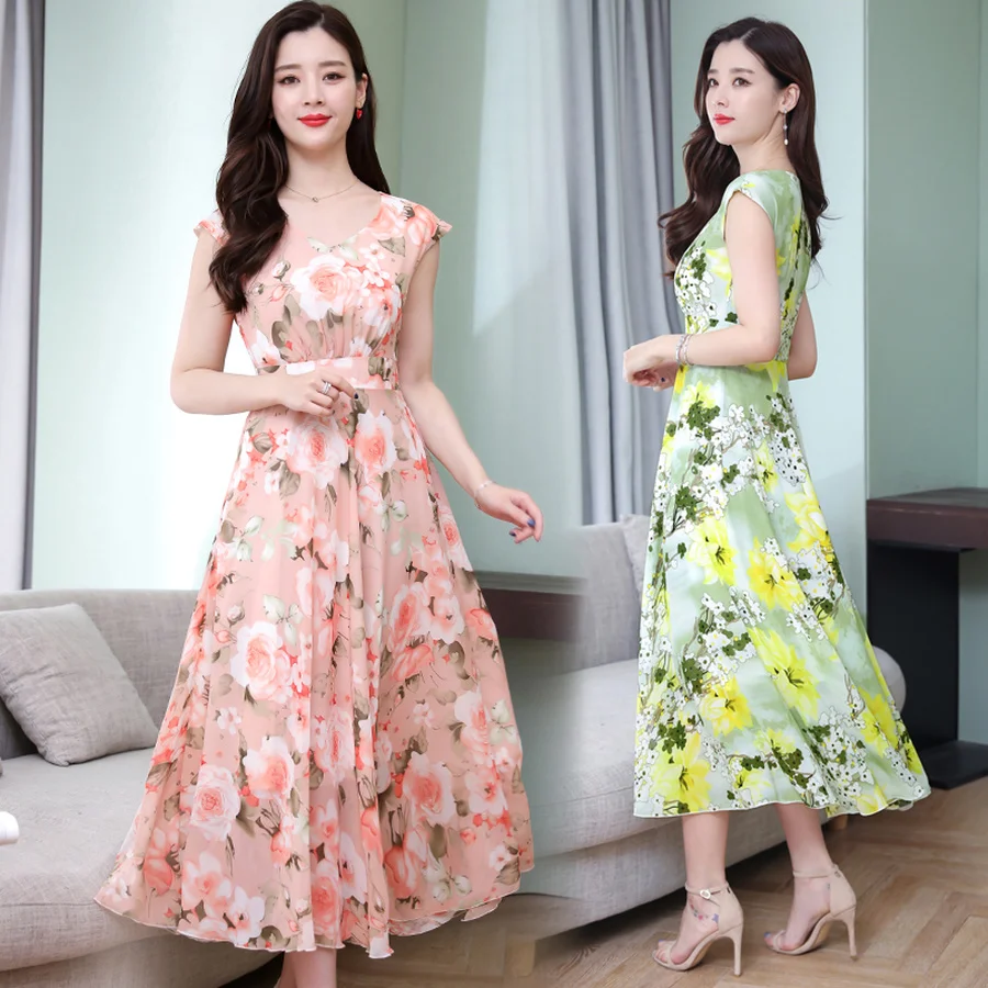 2019 корейский 3XL плюс Размеры сладкий Бохо миди сарафан летний Винтаж из шифона с