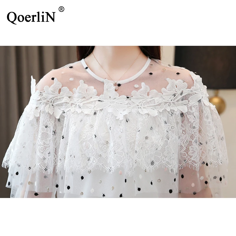 QoerliN Черная кружевная блузка в горошек женская мода длинный рукав сетка