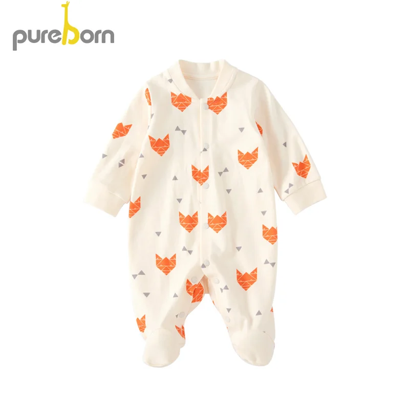 Pureborn/пижамы для новорожденных; хлопковая одежда с рисунком для маленьких мальчиков и девочек; весенне-Осенние костюмы - Цвет: orange fox