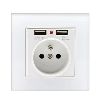 

New Arrival 16A French Standard Wall Power Socket White Crystal Glass Panel Outlet 2.1A Dual USB Socket Charger Port for Mobile