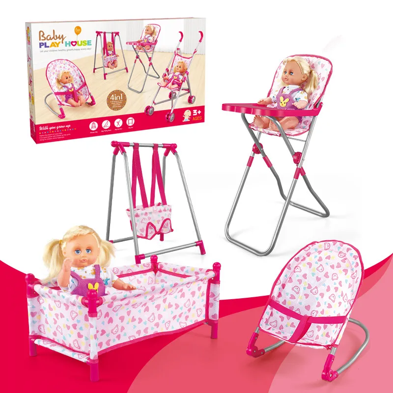 

Kid's Four-in-one Foldable Baby High-footed Dining Chair Toy Swing Seat Cart Sleeping Bed with Dolls Doll Bed Doll Stroller