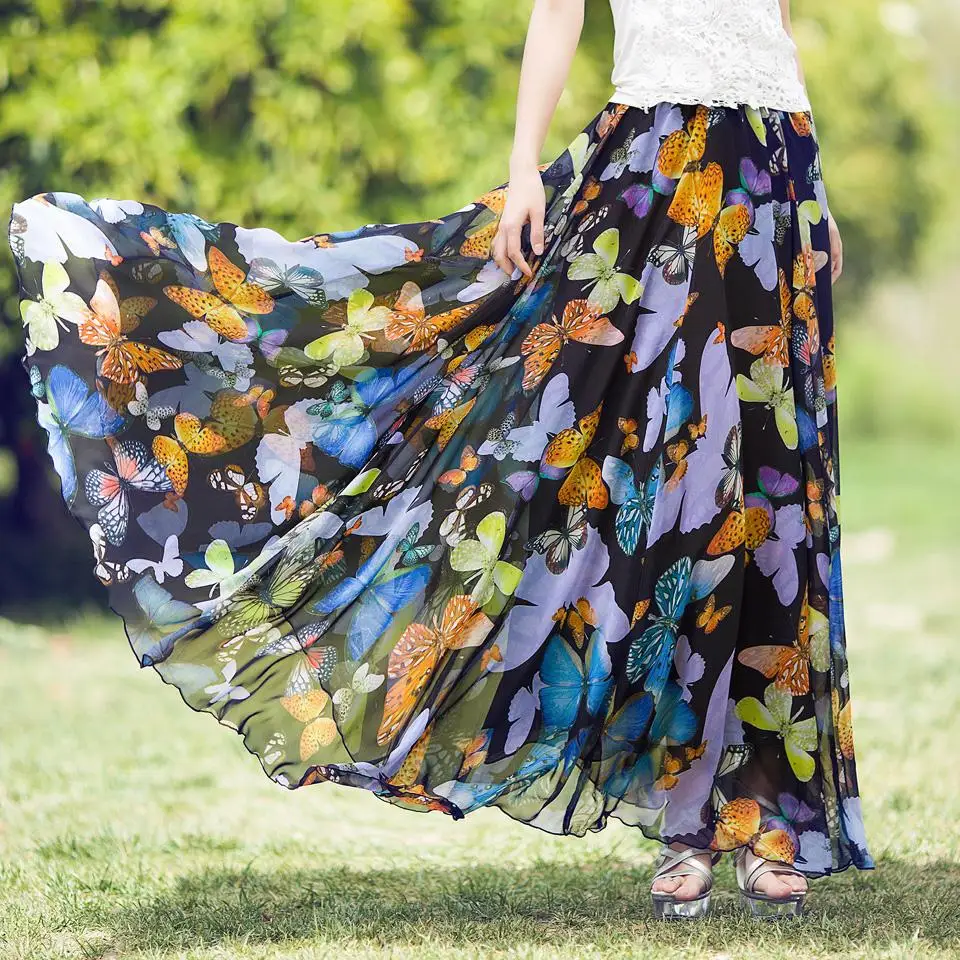 Custom Made summer style chiffon skirts womens plus size high waist chiffon Butterfly print maxi