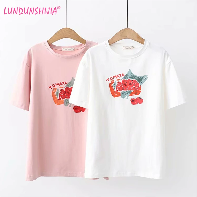 

LUNDUNSHIJIA 2019 Summer Women 100% Cotton Loose T-shirts Short Sleeve O-neck Ladies Tomato Printed Tee Tops