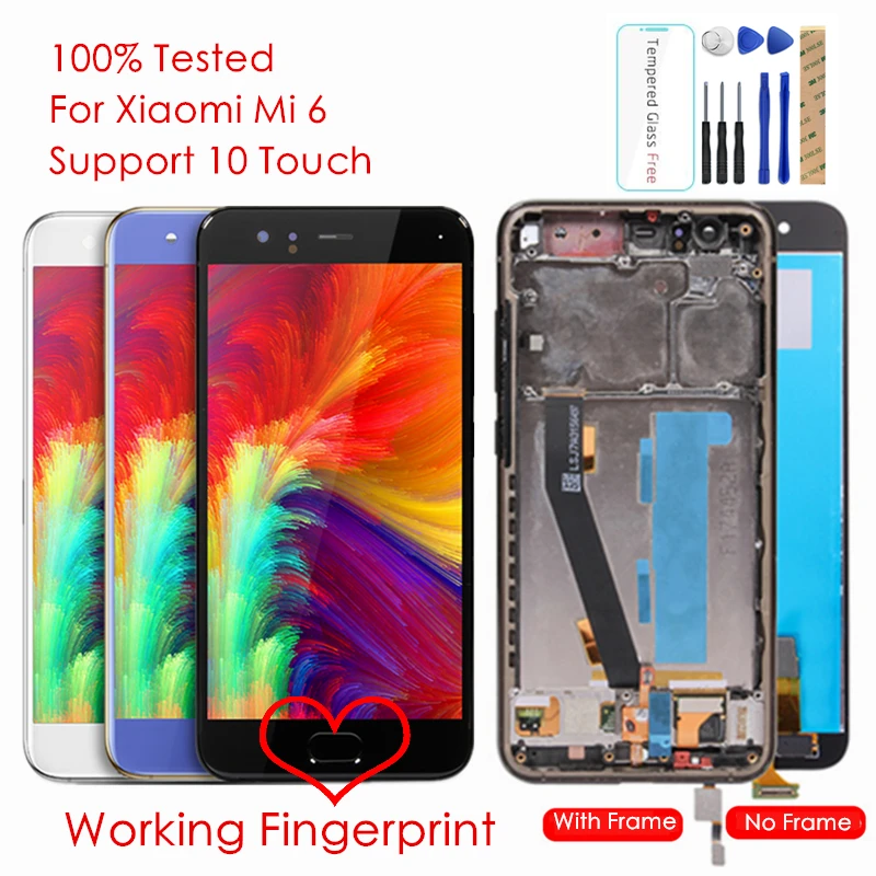

For Xiaomi Mi 6 LCD Screen + Frame + Fingerprint Sensor For Xiaomi Mi6 Display 10 Touch Screen Assembly Replacement Repair Parts